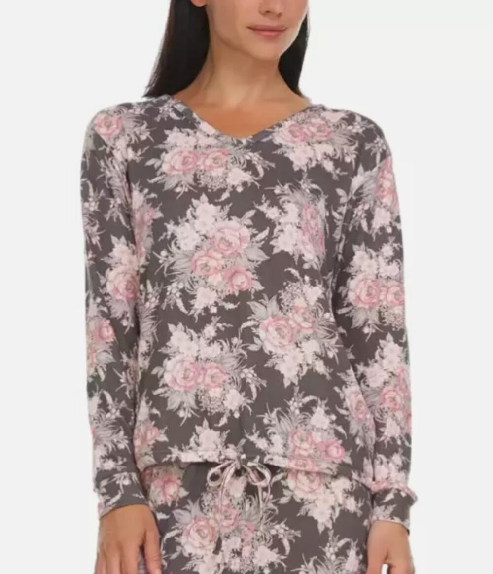 FLORA NIKROOZ JENNA PRINTED COZY SWEATER-KNIT PAJAMAS FLORAL GRAY PINK MEDIUM